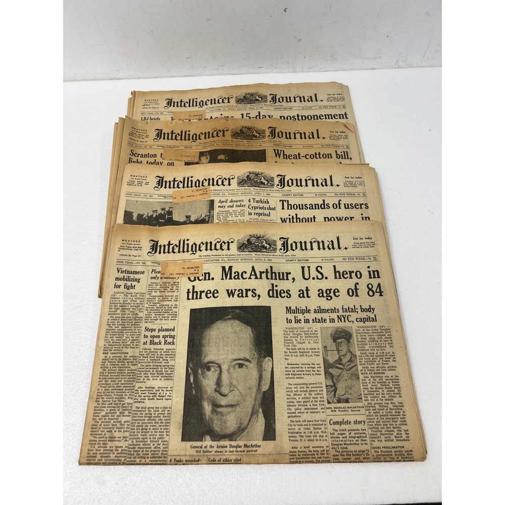 1964 Intelligencer Journal Newspapers General Douglas MacArthur Death 4 Issues